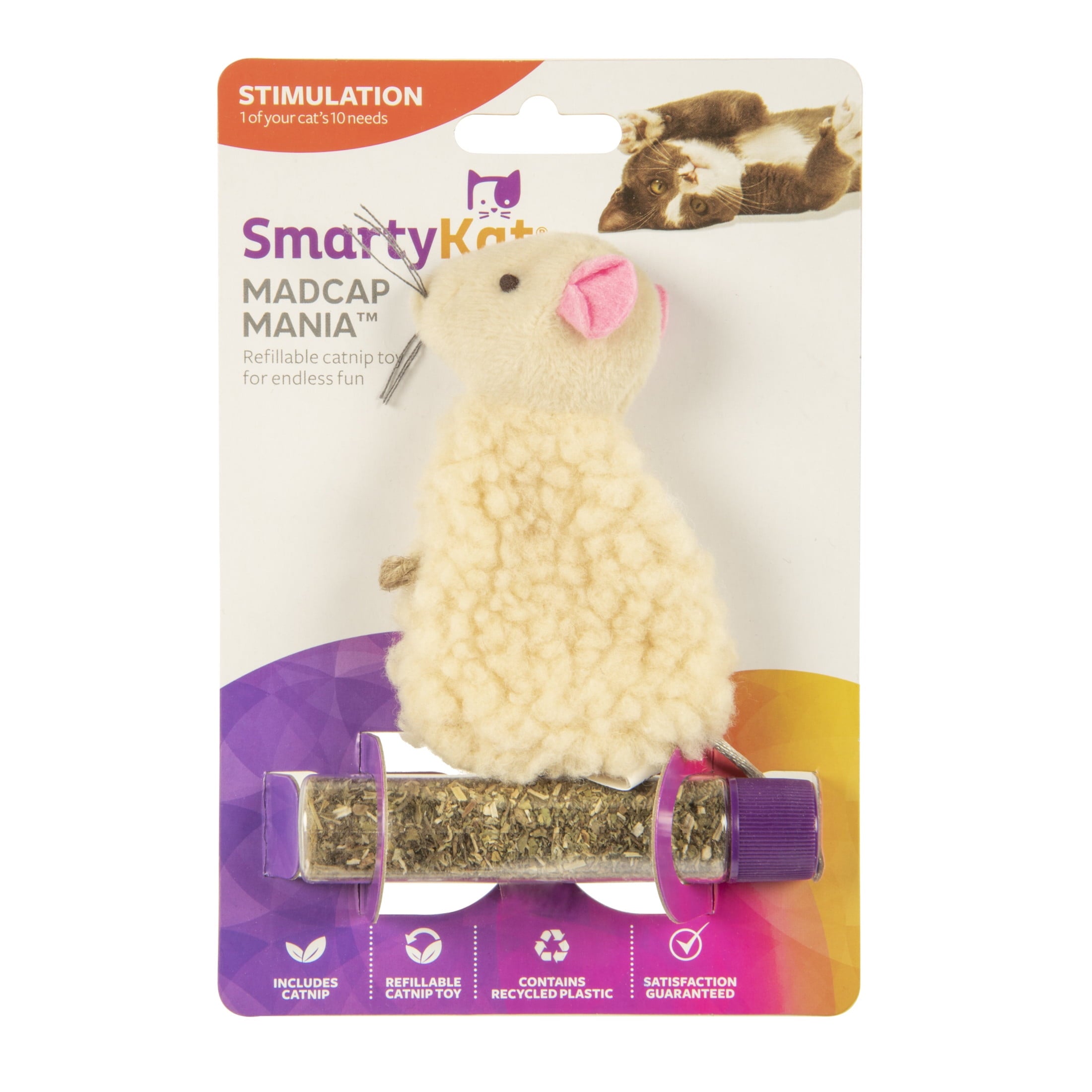 SmartyKat Madcap Mania Mouse, Soft Plush Catnip Cat Toy with String Tail, with Pure & Potent Catnip, Refillable & Durable