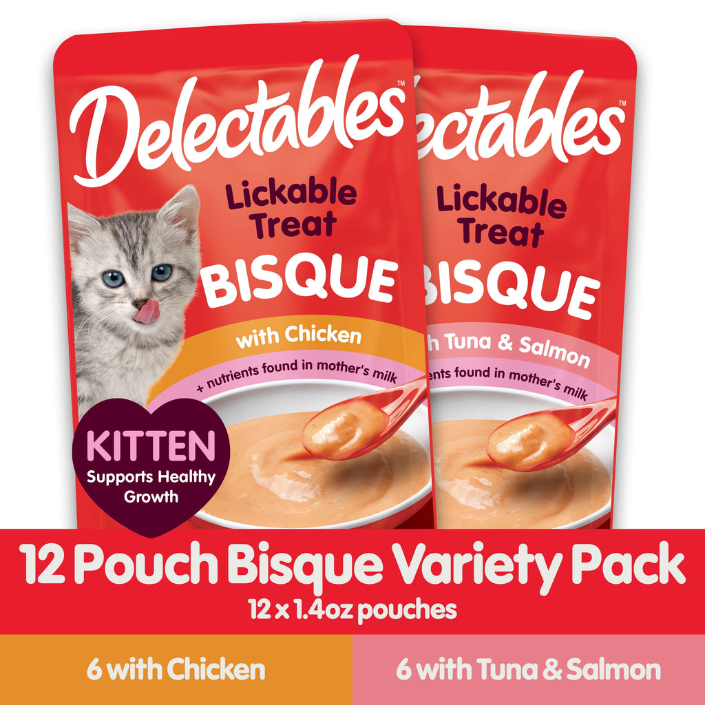 Hartz Delectables Bisque for Kittens, Complete & Balanced Lickable Wet Cat Treat, Variety Pack, 12 Count